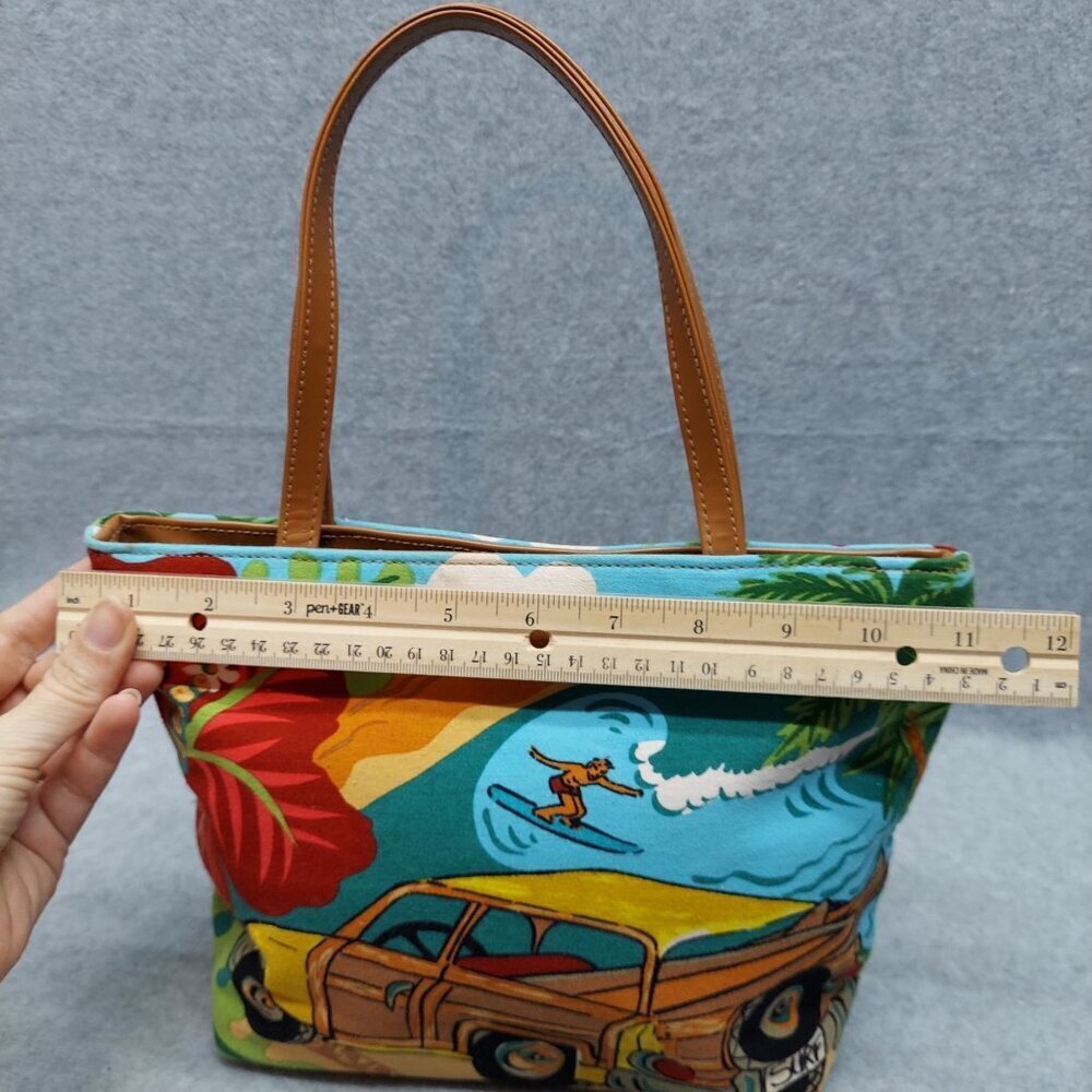 Surfer Woodie car Aloha Hawaii Hawaiian Print Canvas  Handbag With Leather Handl - Picture 9 of 13
